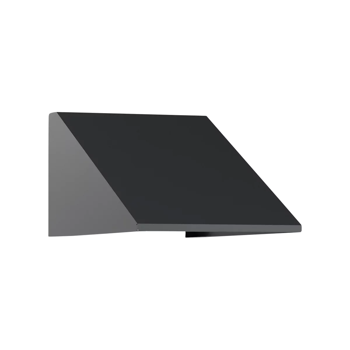 Dunkelgraue Dunstabzugshaube mit schräger Oberfläche. Die rechteckige Form hat eine leicht geneigte Front.